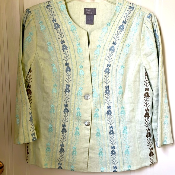 Sigrid Olsen Linen Embroidered Jacket Size 6P Collarless Blazer - Picture 3 of 11